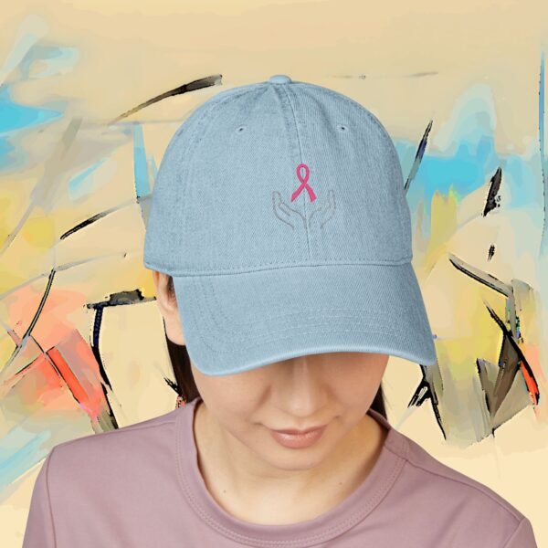 Embroidered Awareness Ribbon Denim Hat — Hands & Pink Ribbon Cap – product gallery – M · Art & Design