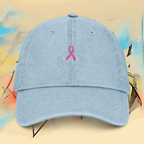 Embroidered Awareness Ribbon Denim Hat — Hands & Pink Ribbon Cap – product gallery – M · Art & Design