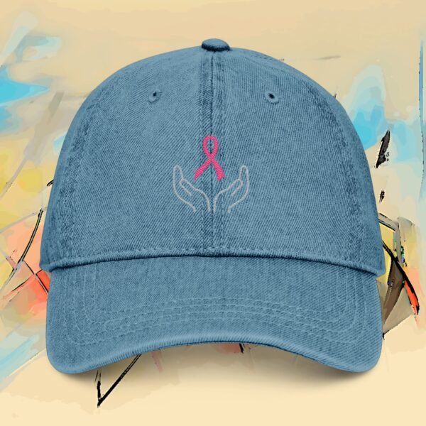 Embroidered Awareness Ribbon Denim Hat — Hands & Pink Ribbon Cap – product gallery – M · Art & Design