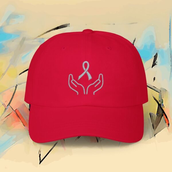 10000595265341949240_2048_custom.jpeg Supporting Hands & Lavender Ribbon Cap - Embroidered Awareness Ribbon Denim Hat – product gallery – M · Art & Design