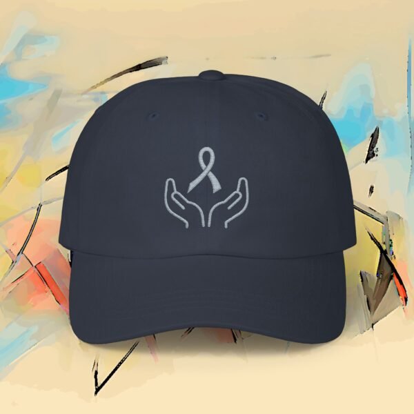 11912706488606444249_2048_custom.jpeg Supporting Hands & Lavender Ribbon Cap - Embroidered Awareness Ribbon Denim Hat – product gallery – M · Art & Design