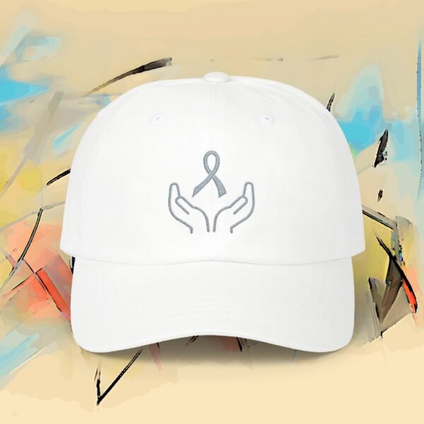3978081426259336313_2048_custom.jpeg Supporting Hands & Lavender Ribbon Cap - Embroidered Awareness Ribbon Denim Hat – product gallery – M · Art & Design