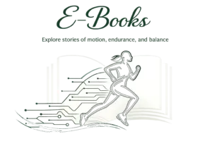 Elegant e‑book category banner featuring a running silhouette with circuit lines and four book covers titled “Running Philosophy,” “Marathon Mindset,” “Digital Detox,” and “Flow & Focus.”