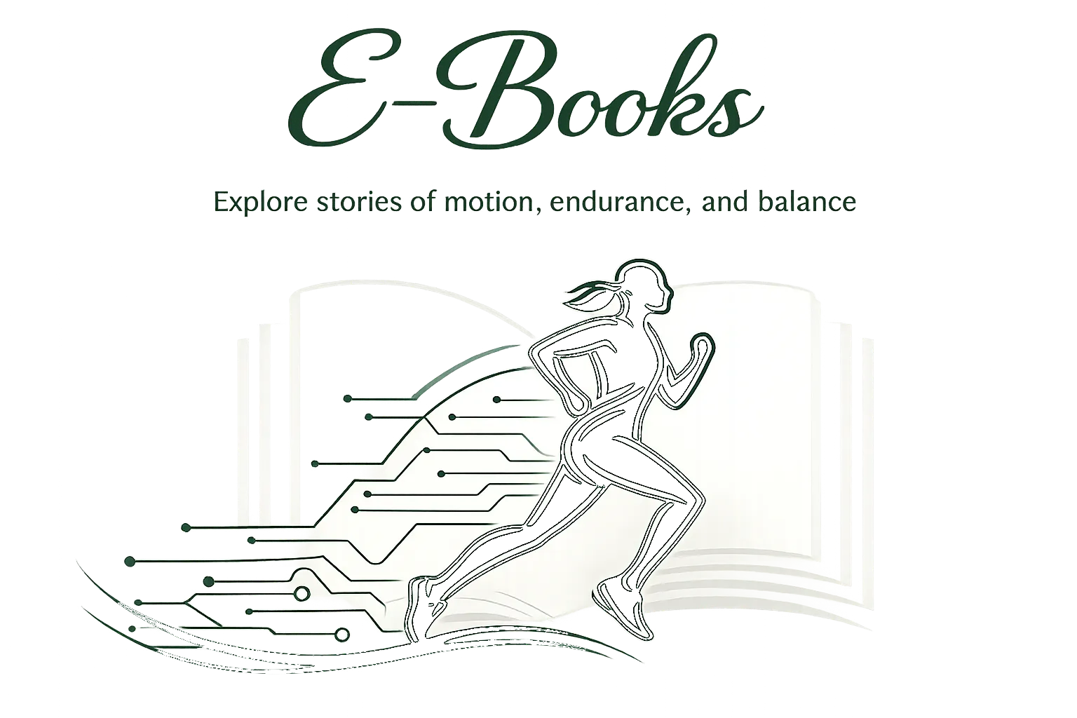 Elegant e‑book category banner featuring a running silhouette with circuit lines and four book covers titled “Running Philosophy,” “Marathon Mindset,” “Digital Detox,” and “Flow & Focus.”