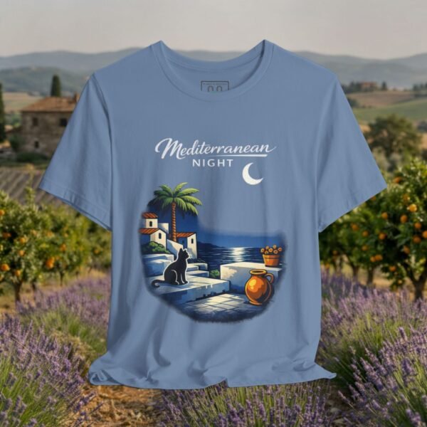 Mediterranean Night T‑Shirt — Scenic Coastal Cat Tee — Apparel by M · Art & Design