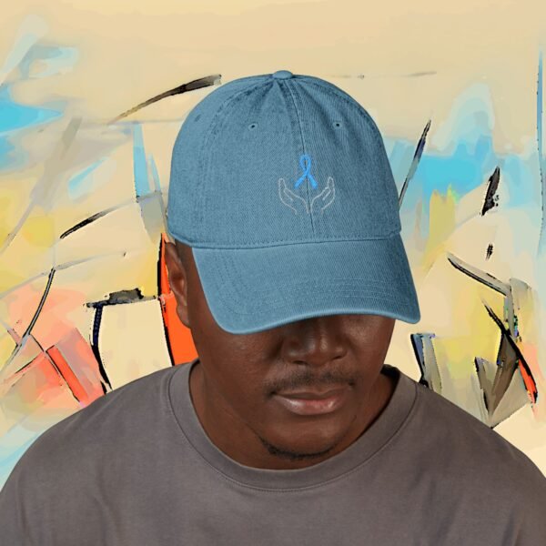 Embroidered Support Ribbon Denim Hat — Blue Ribbon Awareness Hands Cap