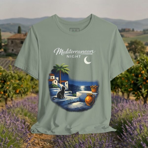 Mediterranean Night T‑Shirt — Scenic Coastal Cat Tee — Apparel by M · Art & Design