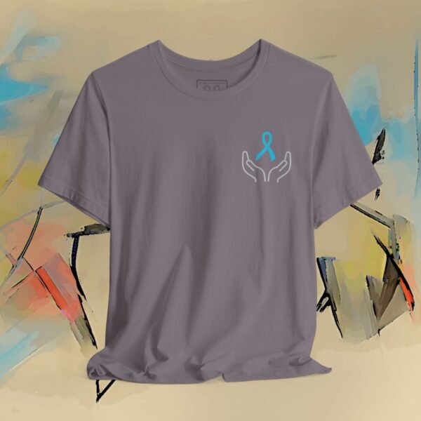 Prostate Cancer Awareness T-Shirt — Hands Holding Blue Ribbon Tee – Default Bella+Canvas T-shirt by Martume (Additional view 8)