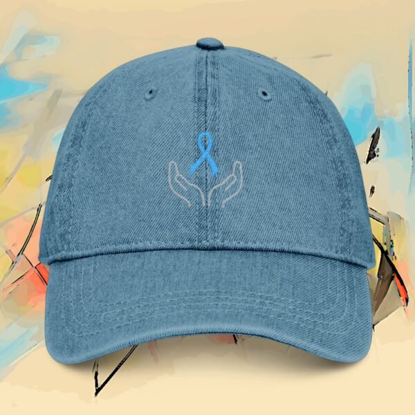 Embroidered Support Ribbon Denim Hat — Blue Ribbon Awareness Hands Cap