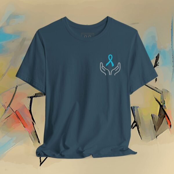 Prostate Cancer Awareness T-Shirt — Hands Holding Blue Ribbon Tee – Default Bella+Canvas T-shirt by Martume (Additional view 7)