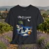 Mediterranean Night T‑Shirt — Scenic Coastal Cat Tee — Apparel by M · Art & Design
