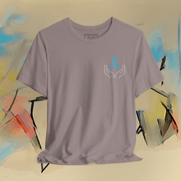 Prostate Cancer Awareness T-Shirt — Hands Holding Blue Ribbon Tee – Default Bella+Canvas T-shirt by Martume (Detail view)