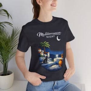 Mediterranean Night T‑Shirt — Scenic Coastal Cat Tee — Apparel by M · Art & Design