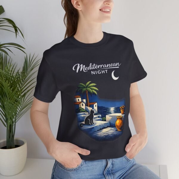 Mediterranean Night T‑Shirt — Scenic Coastal Cat Tee — Apparel by M · Art & Design