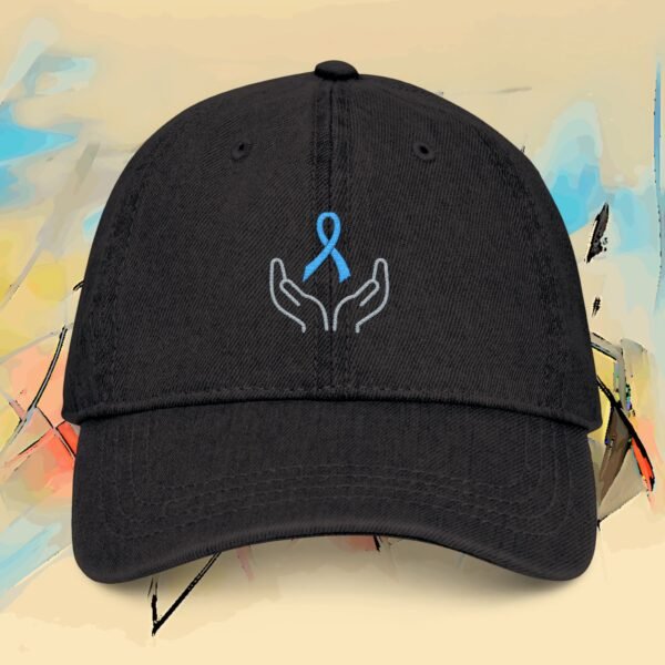 Embroidered Support Ribbon Denim Hat — Blue Ribbon Awareness Hands Cap