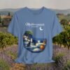 Mediterranean Night T‑Shirt — Scenic Coastal Cat Tee — Apparel by M · Art & Design