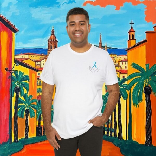 Seasonal Promotion - Prostate Cancer Awareness T-Shirt — Hands Holding Blue Ribbon Tee — Apparel by M · Art & Design