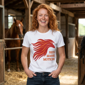 20260817103700-1f19a279-3ef8-652e-8b34-5e5bb3b6f373.png Red Mane Motion T-Shirt — Stylized Horse Head Graphic Tee