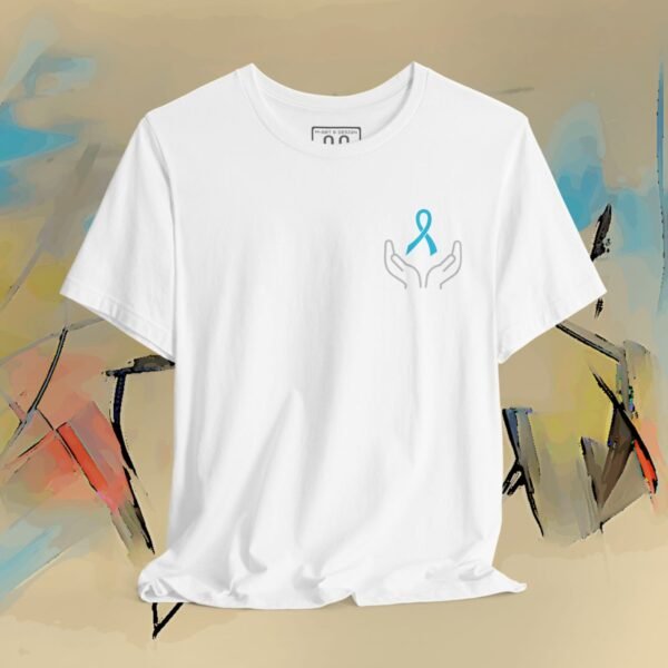 Prostate Cancer Awareness T-Shirt — Hands Holding Blue Ribbon Tee – Default Bella+Canvas T-shirt by Martume (Back view)