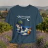 Mediterranean Night T‑Shirt — Scenic Coastal Cat Tee — Apparel by M · Art & Design