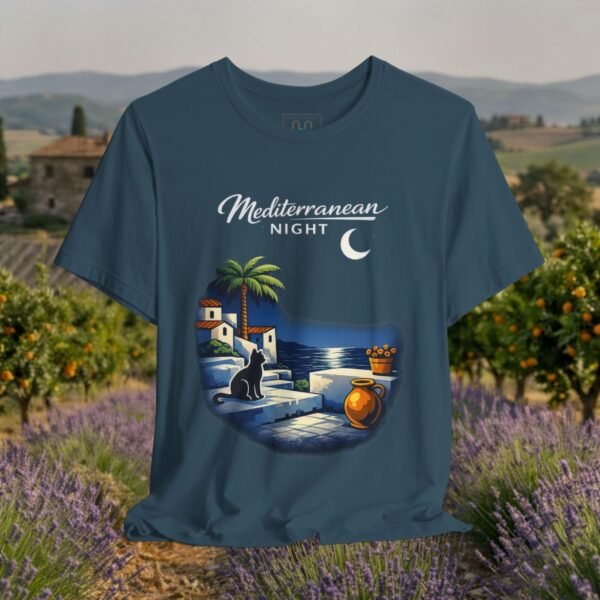 Mediterranean Night T‑Shirt — Scenic Coastal Cat Tee — Apparel by M · Art & Design