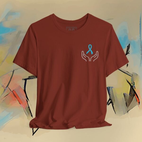 Prostate Cancer Awareness T-Shirt — Hands Holding Blue Ribbon Tee – Default Bella+Canvas T-shirt by Martume (Lifestyle view)