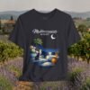 Mediterranean Night T‑Shirt — Scenic Coastal Cat Tee — Apparel by M · Art & Design