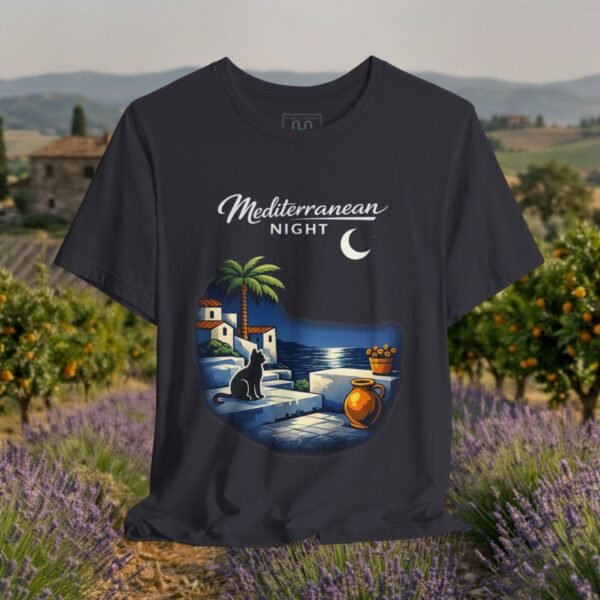 Mediterranean Night T‑Shirt — Scenic Coastal Cat Tee — Apparel by M · Art & Design