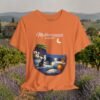 Mediterranean Night T‑Shirt — Scenic Coastal Cat Tee — Apparel by M · Art & Design