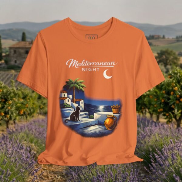 Mediterranean Night T‑Shirt — Scenic Coastal Cat Tee — Apparel by M · Art & Design