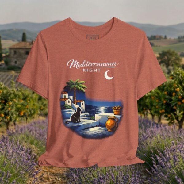 Mediterranean Night T‑Shirt — Scenic Coastal Cat Tee — Apparel by M · Art & Design